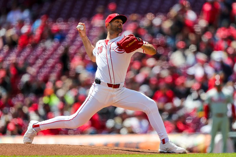 Apr 25, 2024; Cincinnati, Ohio, USA; Cincinnati Reds starting pitcher Nick Martinez (28) pitches against the Philadelphia Phillies in the first inning at Great American Ball Park. Mandatory Credit: Katie Stratman-USA TODAY Sports