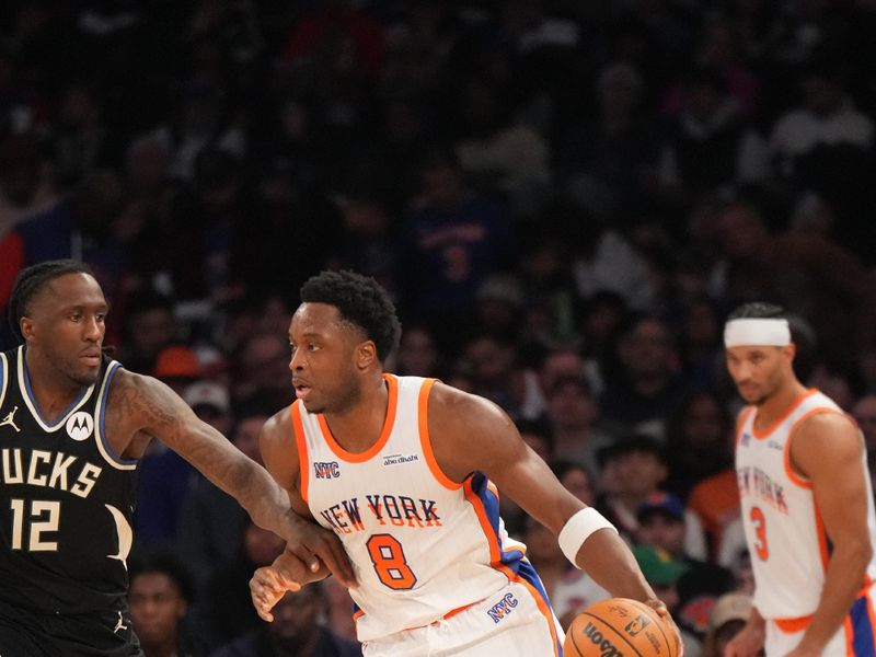 NEW YORK, NY - JANUARY 12: OG Anunoby #8 of the New York Knicks dribbles the ball during the game against the Milwaukee Bucks on January 12, 2025 at Madison Square Garden in New York City, New York.  NOTE TO USER: User expressly acknowledges and agrees that, by downloading and or using this photograph, User is consenting to the terms and conditions of the Getty Images License Agreement. Mandatory Copyright Notice: Copyright 2025 NBAE  (Photo by Jesse D. Garrabrant/NBAE via Getty Images)