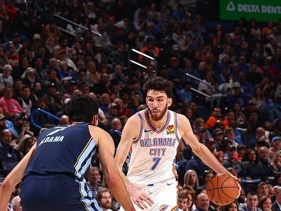 OKLAHOMA CITY, OK - DECEMBER 18:  Chet Holmgren #7 of the Oklahoma City Thunder handles the ball during the game against the Memphis Grizzlies on December 18, 2023 at Paycom Arena in Oklahoma City, Oklahoma. NOTE TO USER: User expressly acknowledges and agrees that, by downloading and or using this photograph, User is consenting to the terms and conditions of the Getty Images License Agreement. Mandatory Copyright Notice: Copyright 2023 NBAE (Photo by Zach Beeker/NBAE via Getty Images)
