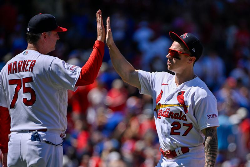 Jul 30, 2023; St. Louis, Missouri, USA;  St. Louis Cardinals left fielder Tyler O'Neill (27) celebrates with third base coach Ron 'Pop' Warner (75) after the Cardinals defeated the Chicago Cubs at Busch Stadium. Mandatory Credit: Jeff Curry-USA TODAY Sports