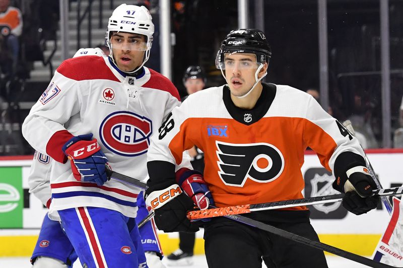 Jan 10, 2024; Philadelphia, Pennsylvania, USA; Montreal Canadiens defenseman Jayden Struble (47) and Philadelphia Flyers center Morgan Frost (48) battle for position during the first period at Wells Fargo Center. Mandatory Credit: Eric Hartline-USA TODAY Sports