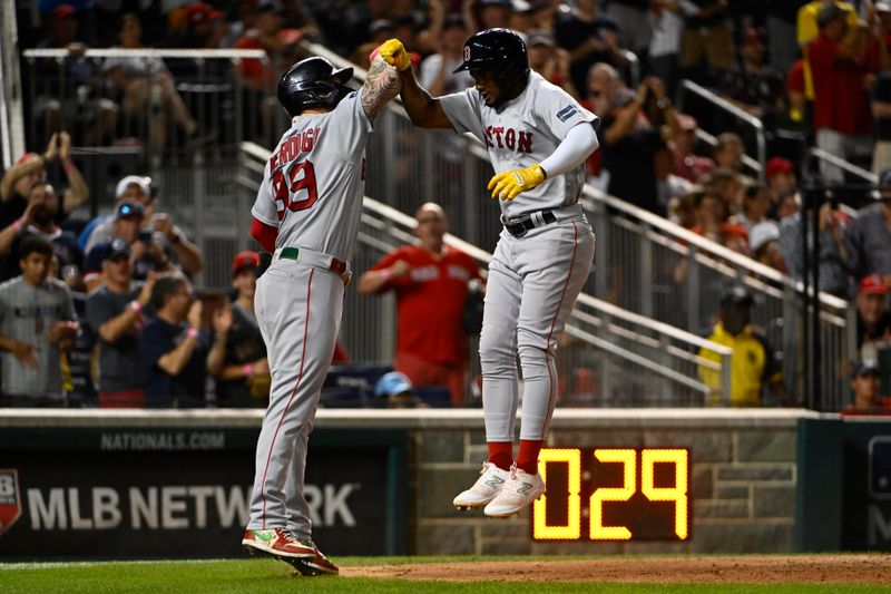 Aug 16, 2023; Washington, District of Columbia, USA; Boston Red Sox shortstop Pablo Reyes (19) celebrates with right fielder Alex Verdugo (99) after hitting a two run home run against the Washington Nationals during the eighth inning at Nationals Park. Mandatory Credit: Brad Mills-USA TODAY Sports