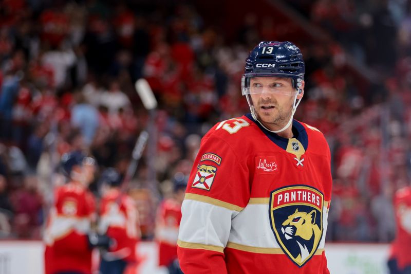 Nov 20, 2025; Sunrise, Florida, USA; Florida Panthers center Sam Reinhart (13) looks on after the game against the New Jersey Devils at Amerant Bank Arena. Mandatory Credit: Sam Navarro-Imagn Images