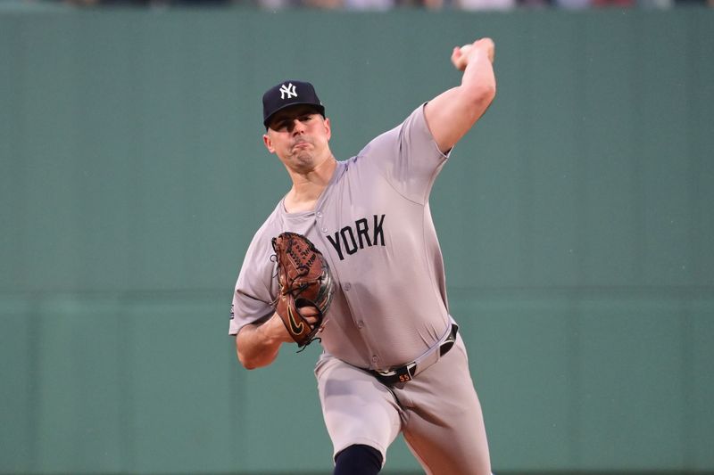 Jul 28, 2024; Boston, Massachusetts, USA; New York Yankees starting pitcher Carlos Rodon (55) pitches against the Boston Red Sox during the first inning at Fenway Park. Mandatory Credit: Eric Canha-USA TODAY Sports