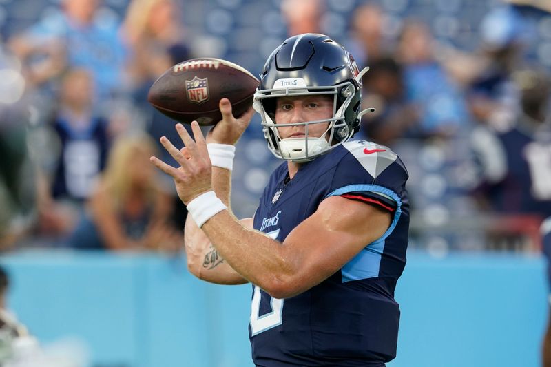 Tennessee Titans quarterback Will Levis (8) warms up before an NFL preseason football game against the New England Patriots Friday, Aug. 25, 2023, in Nashville, Tenn. (AP Photo/George Walker IV)