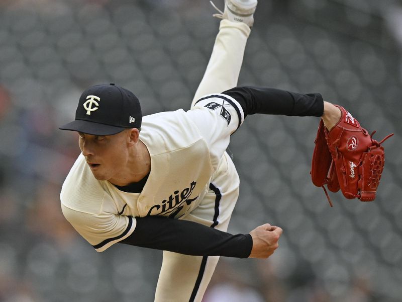 Aug 6, 2023; Minneapolis, Minnesota, USA;  Minnesota Twins pitcher Griffin Jax (22) delivers a pitch against the Arizona Diamondbacks during the eighth inning at Target Field. Mandatory Credit: Nick Wosika-USA TODAY Sports