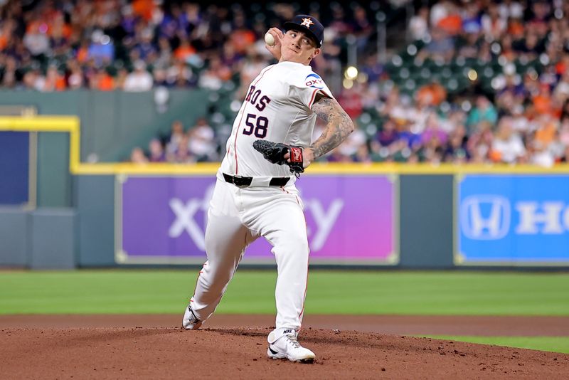 May 5, 2024; Houston, Texas, USA; Houston Astros starting pitcher Hunter Brown (58) delivers a pitch against the Seattle Mariners during the first inning at Minute Maid Park. Mandatory Credit: Erik Williams-USA TODAY Sports