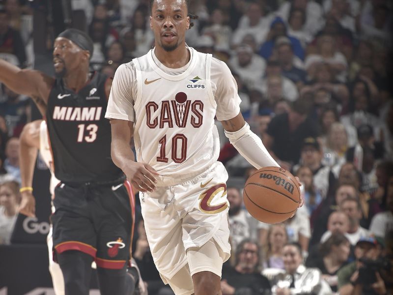 CLEVELAND, OH - APRIL 23: Darius Garland #10 of the Cleveland Cavaliers dribbles the ball during Round One Game Two of the 2025 NBA Playoffs against the Miami Heat on April 23, 2025 at Rocket Mortgage FieldHouse in Cleveland, Ohio. NOTE TO USER: User expressly acknowledges and agrees that, by downloading and/or using this Photograph, user is consenting to the terms and conditions of the Getty Images License Agreement. Mandatory Copyright Notice: Copyright 2025 NBAE (Photo by David Liam Kyle/NBAE via Getty Images)