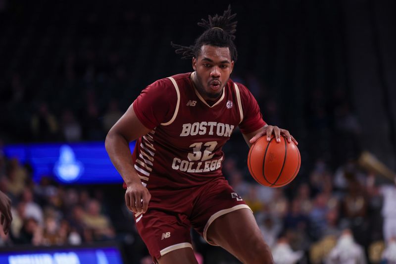 Jan 4, 2025; Atlanta, Georgia, USA; Boston College Eagles forward Chad Venning (32) drives to the basket against the Georgia Tech Yellow Jackets in the first half at McCamish Pavilion. Mandatory Credit: Brett Davis-Imagn Images