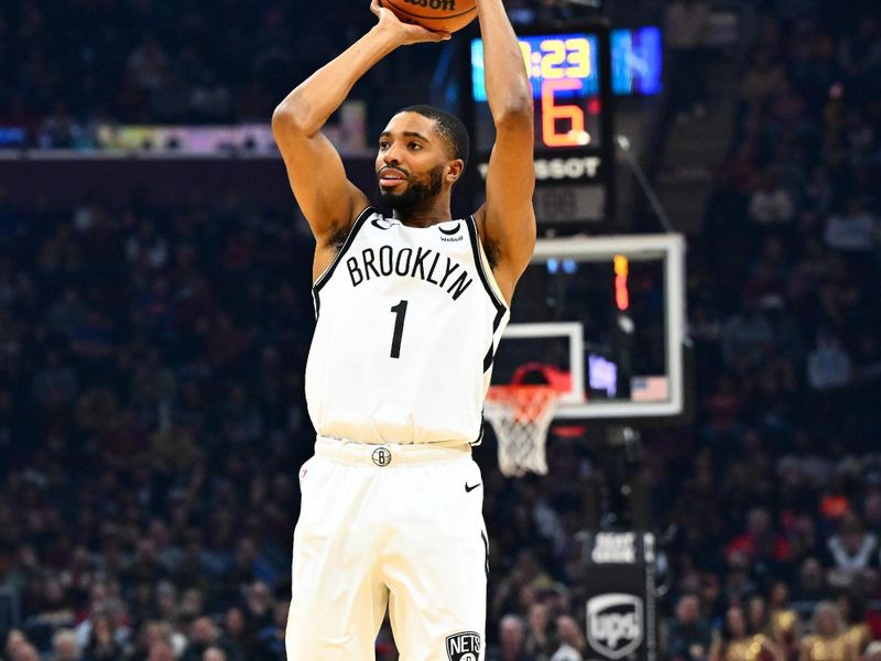 CLEVELAND, OHIO - MARCH 10: Mikal Bridges #1 of the Brooklyn Nets shoots during the first quarter against the Cleveland Cavaliers at Rocket Mortgage Fieldhouse on March 10, 2024 in Cleveland, Ohio. NOTE TO USER: User expressly acknowledges and agrees that, by downloading and or using this photograph, User is consenting to the terms and conditions of the Getty Images License Agreement. (Photo by Jason Miller/Getty Images)