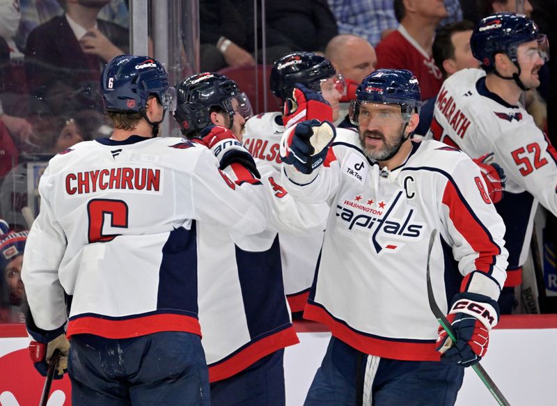 Nov 20, 2025; Montreal, Quebec, CAN; Washington Capitals forward Alex Ovechkin (8) celebrates with teammates after scoring a goal against the Montreal Canadiens during the third period at the Bell Centre. Mandatory Credit: Eric Bolte-Imagn Images