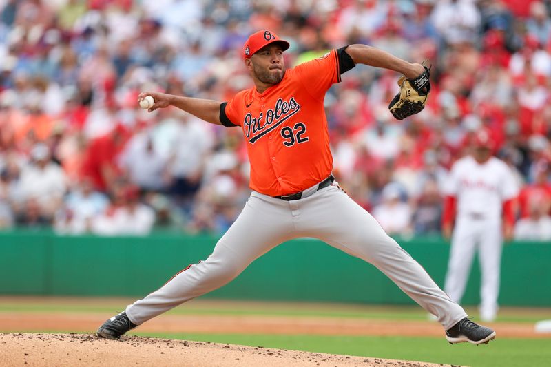 Mar 5, 2024; Clearwater, Florida, USA;  Baltimore Orioles pitcher Albert Suarez (92) throws a pitch against the Philadelphia Phillies in the first inning at BayCare Ballpark. Mandatory Credit: Nathan Ray Seebeck-USA TODAY Sports