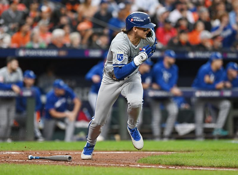 Oct 1, 2024; Baltimore, Maryland, USA; Kansas City Royals shortstop Bobby Witt Jr. (7) hits a RBI single at bat in the sixth inning in game one of the Wild Card round for the 2024 MLB Playoffs at Oriole Park at Camden Yards. Mandatory Credit: Tommy Gilligan-Imagn Images