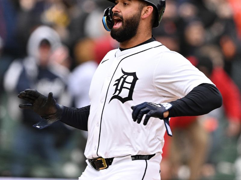 Apr 6, 2025; Detroit, Michigan, USA;  Detroit Tigers designated hitter Riley Greene (31) scores the winning run against the Chicago White Sox in the ninth inning at Comerica Park. Mandatory Credit: Lon Horwedel-Imagn Images