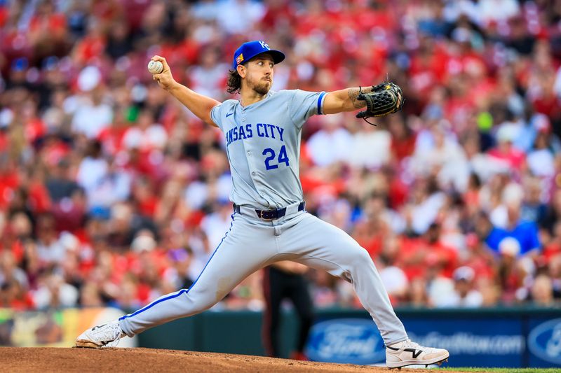 Aug 16, 2024; Cincinnati, Ohio, USA; Kansas City Royals starting pitcher Michael Lorenzen (24) pitches against the Cincinnati Reds in the first inning at Great American Ball Park. Mandatory Credit: Katie Stratman-USA TODAY Sports