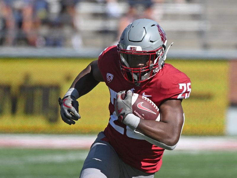 Sep 16, 2023; Pullman, Washington, USA; Washington State Cougars running back Nakia Watson (25) carries the ball against the Northern Colorado Bears in the first half at Gesa Field at Martin Stadium. Mandatory Credit: James Snook-USA TODAY Sports