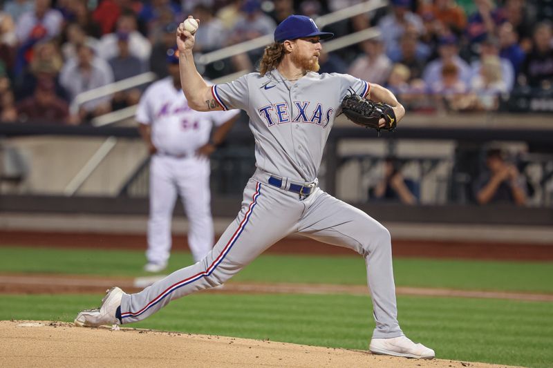 Aug 28, 2023; New York City, New York, USA; Texas Rangers starting pitcher Jon Gray (22) delivers a pitch during the first inning against the New York Mets at Citi Field. Mandatory Credit: Vincent Carchietta-USA TODAY Sports