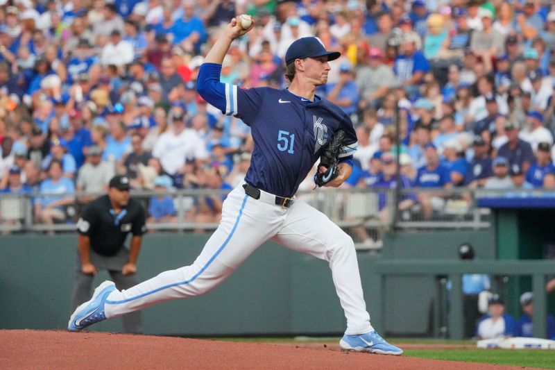 Jul 26, 2024; Kansas City, Missouri, USA; Kansas City Royals starting pitcher Brady Singer (51) delivers a pitch against the Chicago Cubs in the first inning at Kauffman Stadium. Mandatory Credit: Denny Medley-USA TODAY Sports