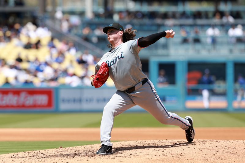 May 8, 2024; Los Angeles, California, USA;  Miami Marlins pitcher Ryan Weathers (60) pitches during the fifth inning against the Los Angeles Dodgers at Dodger Stadium. Mandatory Credit: Kiyoshi Mio-USA TODAY Sports