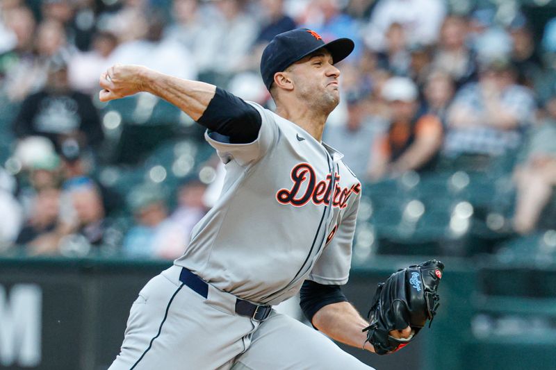 Jun 2, 2025; Chicago, Illinois, USA; Detroit Tigers starting pitcher Jack Flaherty (9) delivers a pitch against the Chicago White Sox during the first inning at Rate Field. Mandatory Credit: Kamil Krzaczynski-Imagn Images