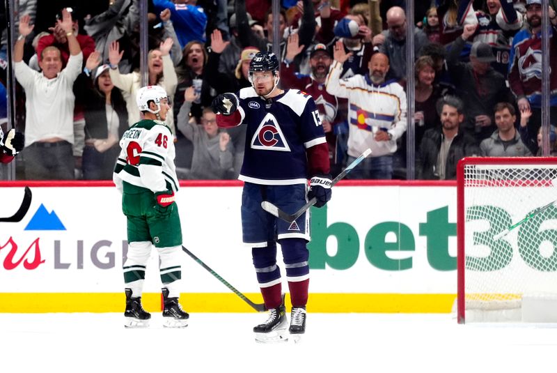 Feb 28, 2025; Denver, Colorado, USA; Colorado Avalanche right wing Valeri Nichushkin (13) celebrates his goal in the first period against the Minnesota Wild at Ball Arena. Mandatory Credit: Ron Chenoy-Imagn Images