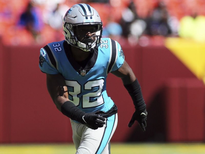 Carolina Panthers cornerback Tae Hayes (32) runs during an NFL football game against the Washington Commanders, Saturday, Aug. 13, 2022 in Landover. (AP Photo/Daniel Kucin Jr.)