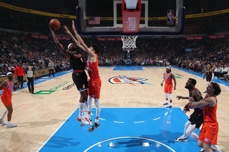 OKLAHOMA CITY, OK - JANUARY 23: Jerami Grant #9 of the Portland Trail Blazers shoots the ball during the game against the Oklahoma City Thunder on January 23, 2024 at Paycom Arena in Oklahoma City, Oklahoma. NOTE TO USER: User expressly acknowledges and agrees that, by downloading and or using this photograph, User is consenting to the terms and conditions of the Getty Images License Agreement. Mandatory Copyright Notice: Copyright 2024 NBAE (Photo by Zach Beeker/NBAE via Getty Images)