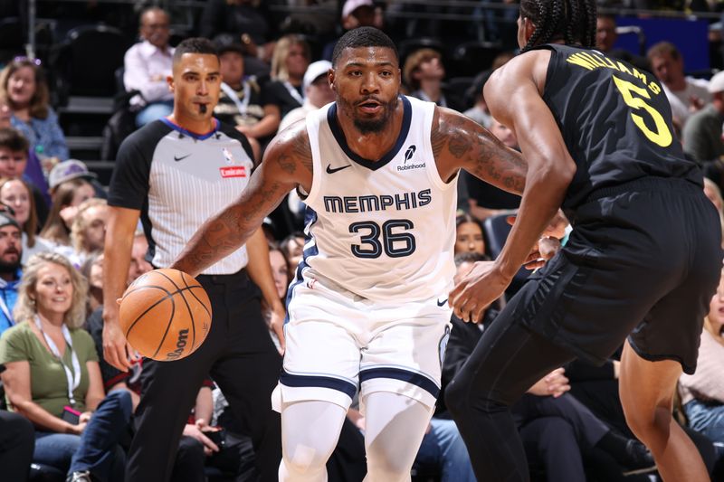 SALT LAKE CITY, UT - OCTOBER 23: Marcus Smart #36 of the Memphis Grizzlies drives to the basket during the game against the Utah Jazz  on OCTOBER 23, 2024 at vivint.SmartHome Arena in Salt Lake City, Utah. NOTE TO USER: User expressly acknowledges and agrees that, by downloading and or using this Photograph, User is consenting to the terms and conditions of the Getty Images License Agreement. Mandatory Copyright Notice: Copyright 2024 NBAE (Photo by Melissa Majchrzak/NBAE via Getty Images)