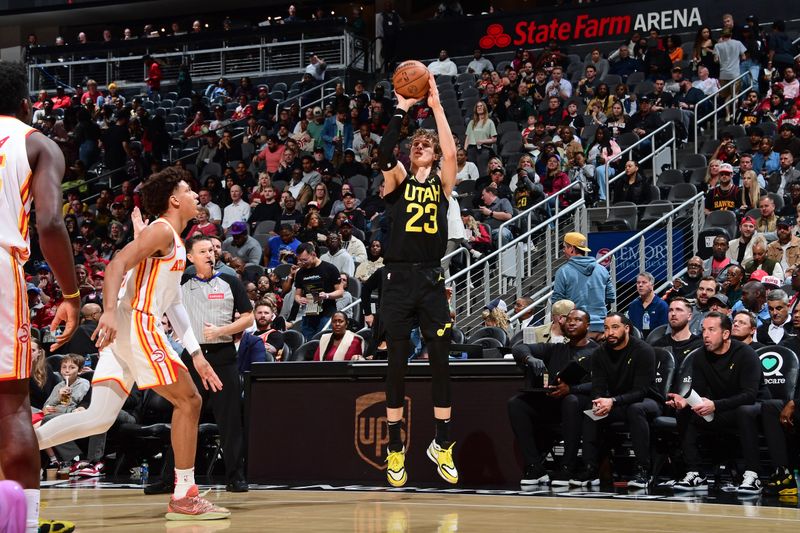 ATLANTA, GA - FEBRUARY 27: Lauri Markkanen #23 of the Utah Jazz shoots the ball during the game against the Atlanta Hawks on February 27, 2024 at State Farm Arena in Atlanta, Georgia.  NOTE TO USER: User expressly acknowledges and agrees that, by downloading and/or using this Photograph, user is consenting to the terms and conditions of the Getty Images License Agreement. Mandatory Copyright Notice: Copyright 2024 NBAE (Photo by Scott Cunningham/NBAE via Getty Images)