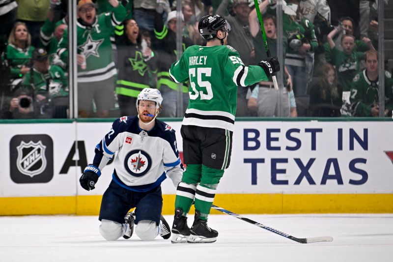 May 11, 2025; Dallas, Texas, USA; Dallas Stars defenseman Thomas Harley (55) celebrates scoring a goal against the Winnipeg Jets during the first period in game three of the second round of the 2025 Stanley Cup Playoffs at American Airlines Center. Mandatory Credit: Jerome Miron-Imagn Images
