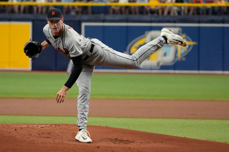 Apr 2, 2023; St. Petersburg, Florida, USA; Detroit Tigers starting pitcher Joey Wentz (43) throws a pitch against the Tampa Bay Rays during the first inning at Tropicana Field. Mandatory Credit: Dave Nelson-USA TODAY Sports