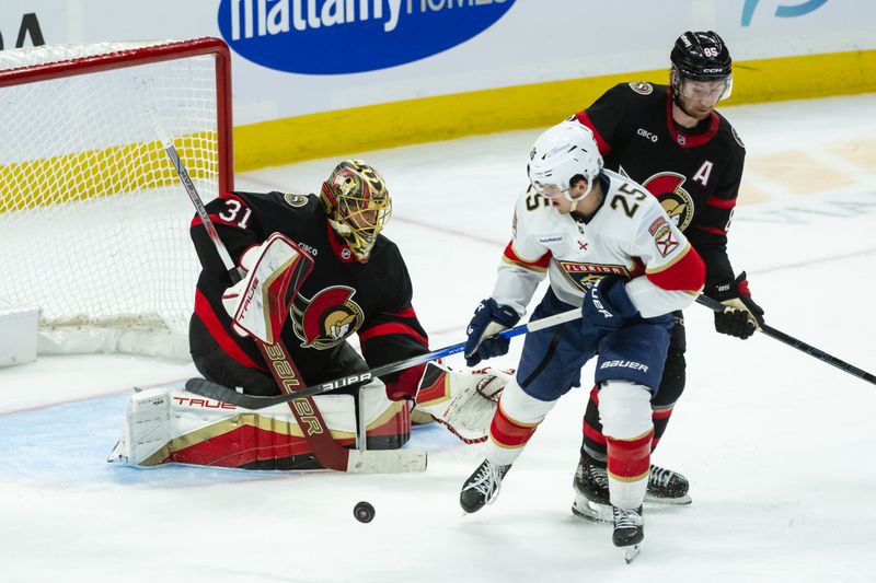 Apr 5, 2025; Ottawa, Ontario, CAN; Ottawa Senators goalie Anton Forsberg (31) makes a save in front of Florida Panthers right wing Mackie Samoskevich (25) in the third period at the Canadian Tire Centre. Mandatory Credit: Marc DesRosiers-Imagn Images