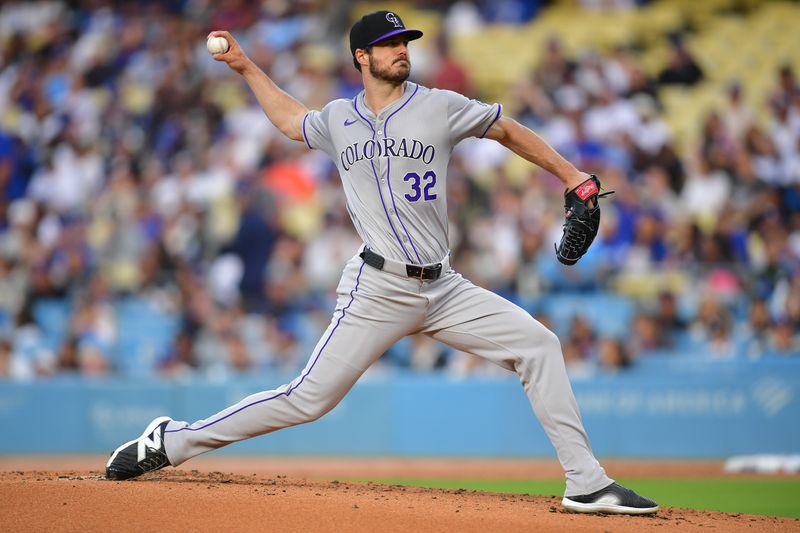 May 31, 2024; Los Angeles, California, USA; Colorado Rockies pitcher Dakota Hudson (32) throws against the Los Angeles Dodgers during the first inning at Dodger Stadium. Mandatory Credit: Gary A. Vasquez-USA TODAY Sports