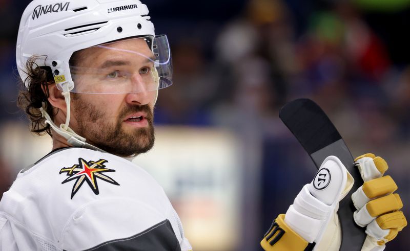 Mar 15, 2025; Buffalo, New York, USA;  Vegas Golden Knights right wing Mark Stone (61) during a stoppage in play against the Buffalo Sabres at KeyBank Center. Mandatory Credit: Timothy T. Ludwig-Imagn Images