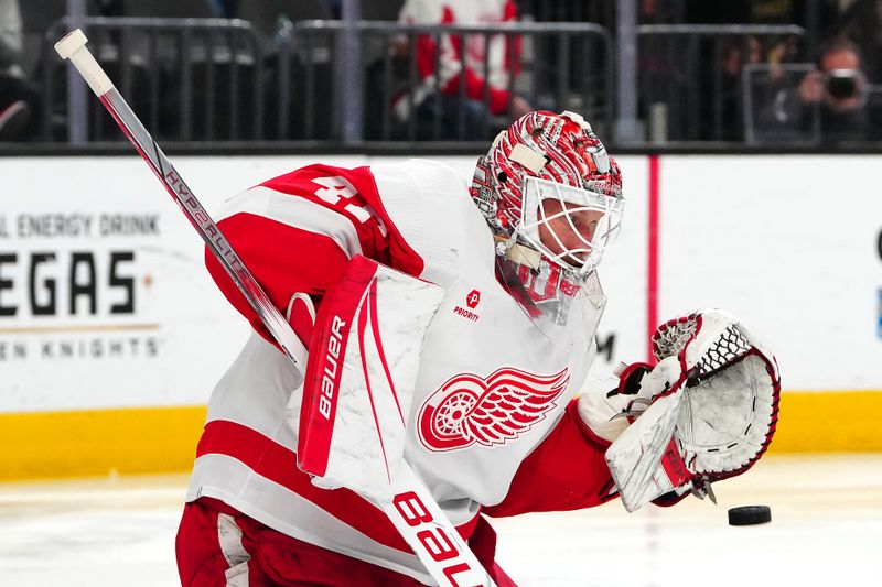 Mar 9, 2024; Las Vegas, Nevada, USA; Detroit Red Wings goaltender James Reimer (47) makes a save against the Vegas Golden Knights during the second period at T-Mobile Arena. Mandatory Credit: Stephen R. Sylvanie-USA TODAY Sports