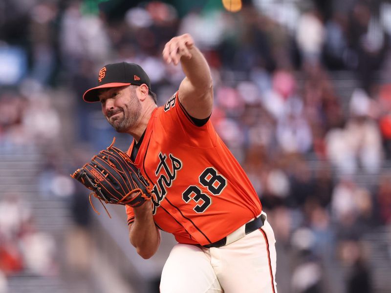 May 2, 2025; San Francisco, California, USA; San Francisco Giants starting pitcher Robbie Ray (38) pitches the ball against the Colorado Rockies during the first inning at Oracle Park. Mandatory Credit: Kelley L Cox-Imagn Images