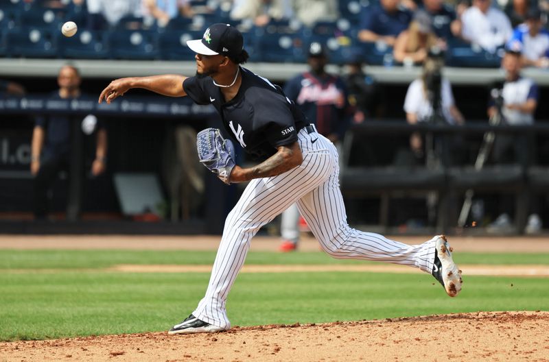 Feb 26, 2026; Tampa, Florida, USA; New York Yankees pitcher Camilo Doval (75) throws a pitch during the fourth inning against the Atlanta Braves at George M. Steinbrenner Field. Mandatory Credit: Kim Klement Neitzel-Imagn Images