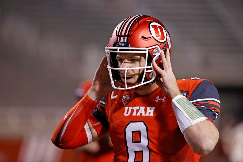 9Dec 5, 2020; Salt Lake City, Utah, USA;  Utah Utes quarterback Jake Bentley (8) prepares for their game against the Oregon State Beavers at Rice-Eccles Stadium. Mandatory Credit: Jeffrey Swinger-USA TODAY Sports