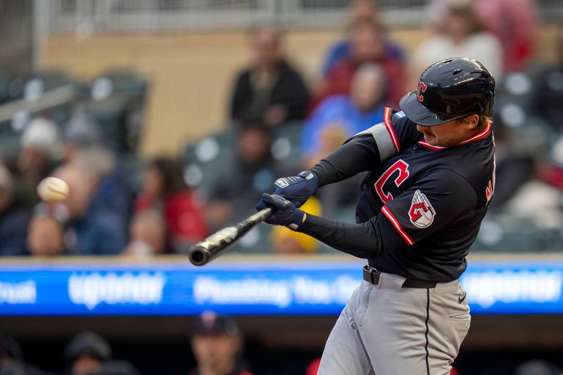 May 19, 2025; Minneapolis, Minnesota, USA; Minnesota Twins left fielder Trevor Larnach (9) hits a RBI double against the Minnesota Twins in the first inning  at Target Field. Mandatory Credit: Jesse Johnson-Imagn Images