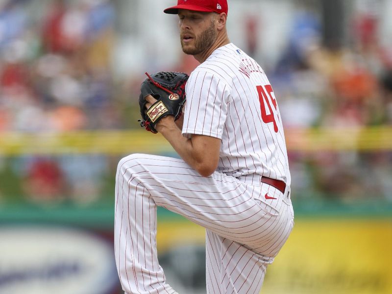 Mar 5, 2024; Clearwater, Florida, USA;  Philadelphia Phillies starting pitcher Zack Wheeler (45) throws a pitch against the Baltimore Orioles in the second inning at BayCare Ballpark. Mandatory Credit: Nathan Ray Seebeck-USA TODAY Sports