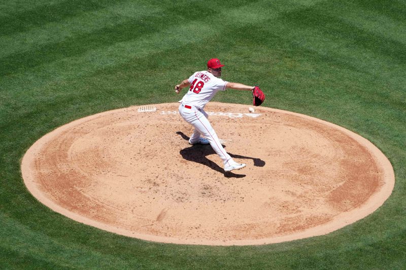 Jul 2, 2023; Anaheim, California, USA; Los Angeles Angels starting pitcher Reid Detmers (48) throws in the third inning against the Arizona Diamondbacks at Angel Stadium. Mandatory Credit: Kirby Lee-USA TODAY Sports