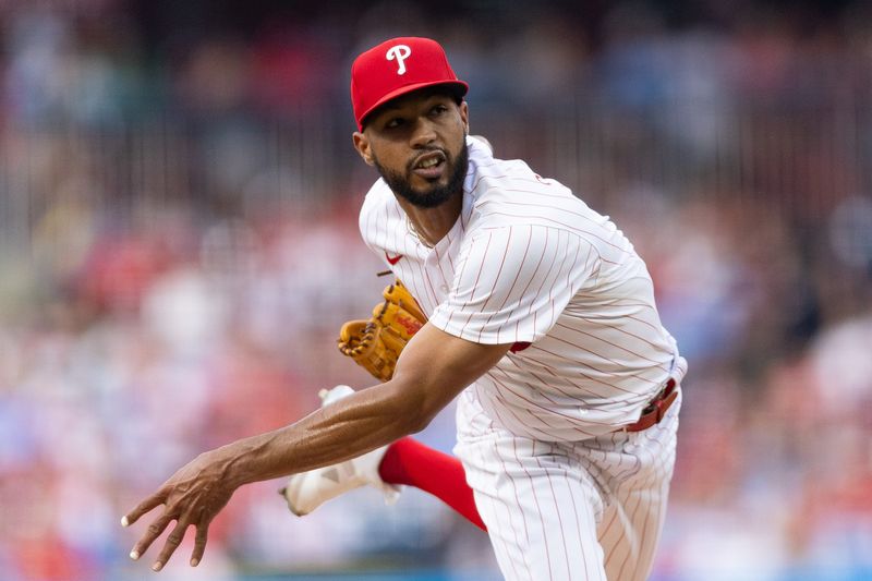 Aug 5, 2023; Philadelphia, Pennsylvania, USA; Philadelphia Phillies starting pitcher Cristopher Sanchez (61) throws a pitch during the second inning against the Kansas City Royals at Citizens Bank Park. Mandatory Credit: Bill Streicher-USA TODAY Sports