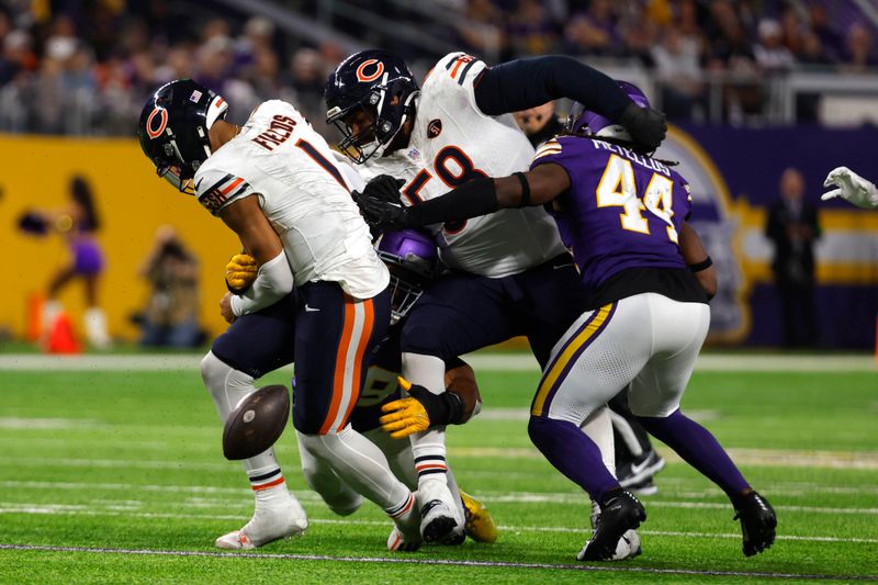 Chicago Bears quarterback Justin Fields (1) fumbles the ball as he is hit by Minnesota Vikings safety Josh Metellus (44) during the second half of an NFL football game, Monday, Nov. 27, 2023, in Minneapolis. (AP Photo/Bruce Kluckhohn)