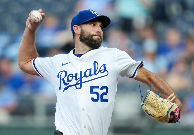 May 20, 2024; Kansas City, Missouri, USA; Kansas City Royals starting pitcher Michael Wacha (52) pitches during the first inning against the Detroit Tigers at Kauffman Stadium. Mandatory Credit: Jay Biggerstaff-USA TODAY Sports