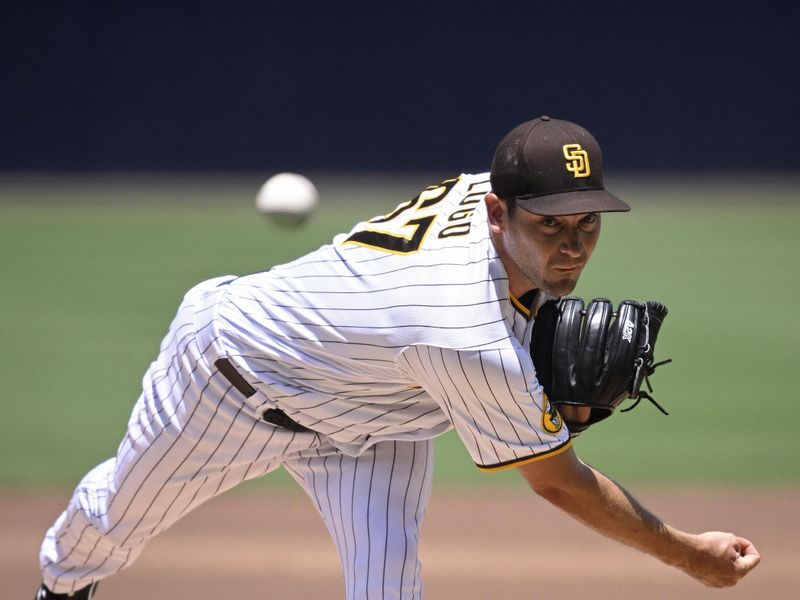 Jul 26, 2023; San Diego, California, USA; San Diego Padres starting pitcher Seth Lugo (67) throws a pitch against the Pittsburgh Pirates during the first inning at Petco Park. Mandatory Credit: Orlando Ramirez-USA TODAY Sports