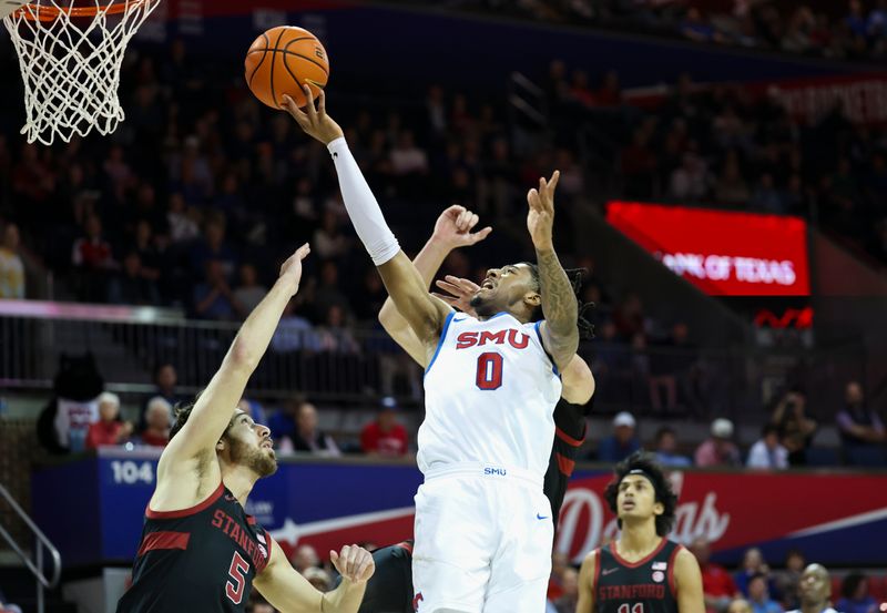 Feb 1, 2025; Dallas, Texas, USA;  Southern Methodist Mustangs guard B.J. Edwards (0) shoots over Stanford Cardinal guard Benny Gealer (5) during the first half at Moody Coliseum. Mandatory Credit: Kevin Jairaj-Imagn Images