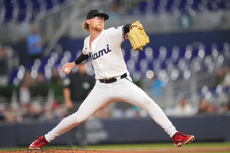 Sep 3, 2024; Miami, Florida, USA;  Miami Marlins pitcher Max Meyer (23) pitches against the Washington Nationals in the first inning at loanDepot Park. Mandatory Credit: Jim Rassol-Imagn Images.