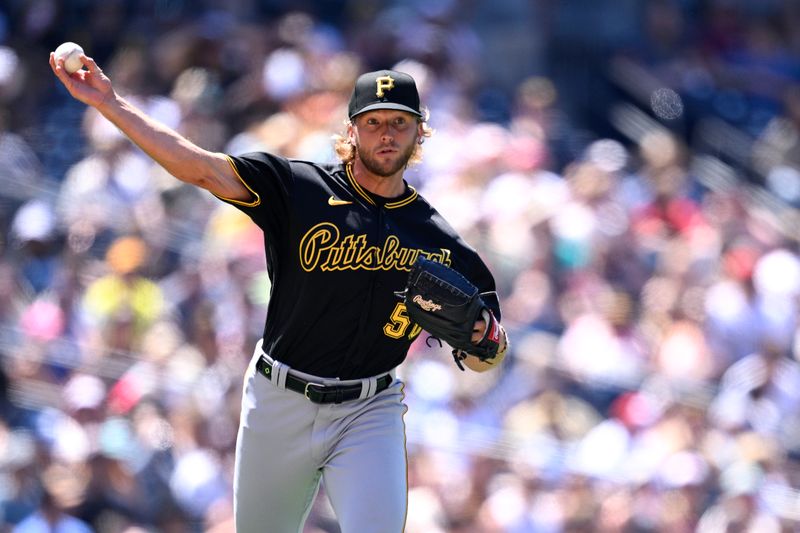 Jul 26, 2023; San Diego, California, USA; Pittsburgh Pirates relief pitcher Carmen Mlodzinski (50) throws to first base on a ground out by San Diego Padres left fielder Taylor Kohlwey (not pictured) during the seventh inning at Petco Park. Mandatory Credit: Orlando Ramirez-USA TODAY Sports