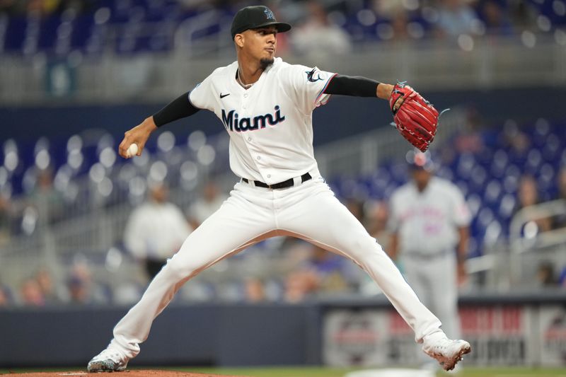 Sep 20, 2023; Miami, Florida, USA;  Miami Marlins starting pitcher Eury Perez (39) pitches against the New York Mets in the first inning at loanDepot Park. Mandatory Credit: Jim Rassol-USA TODAY Sports