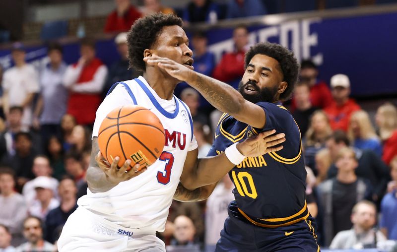 Jan 29, 2025; Dallas, Texas, USA;  Southern Methodist Mustangs guard Chuck Harris (3) drives to the basket as California Golden Bears guard Jovan Blacksher Jr. (10) defends during the first half at Moody Coliseum. Mandatory Credit: Kevin Jairaj-Imagn Images